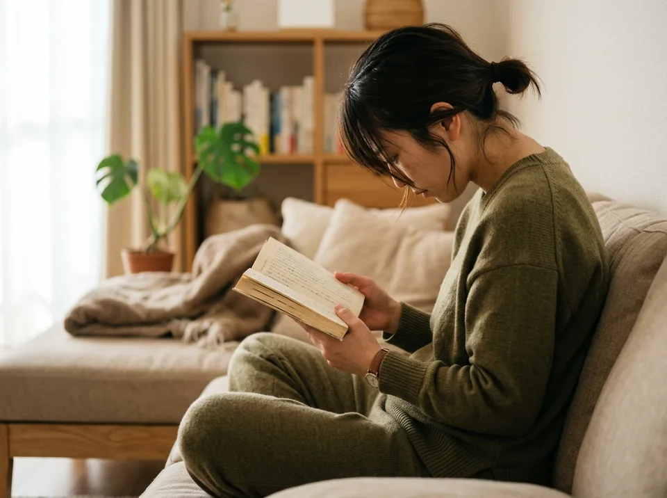 自宅のソファで本を読みながら、背中が丸まり頭が前に落ちた猫背の姿勢の女性